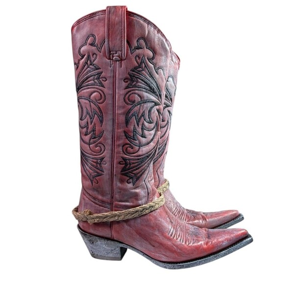 Lane Fine Boots Cowboy Boots Red Leather Embroidered with Wash $350 Size 7EE - Picture 2 of 9